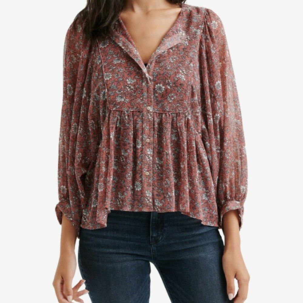 Lucky Brand Boho Floral Peasant Peplum Top Blouse